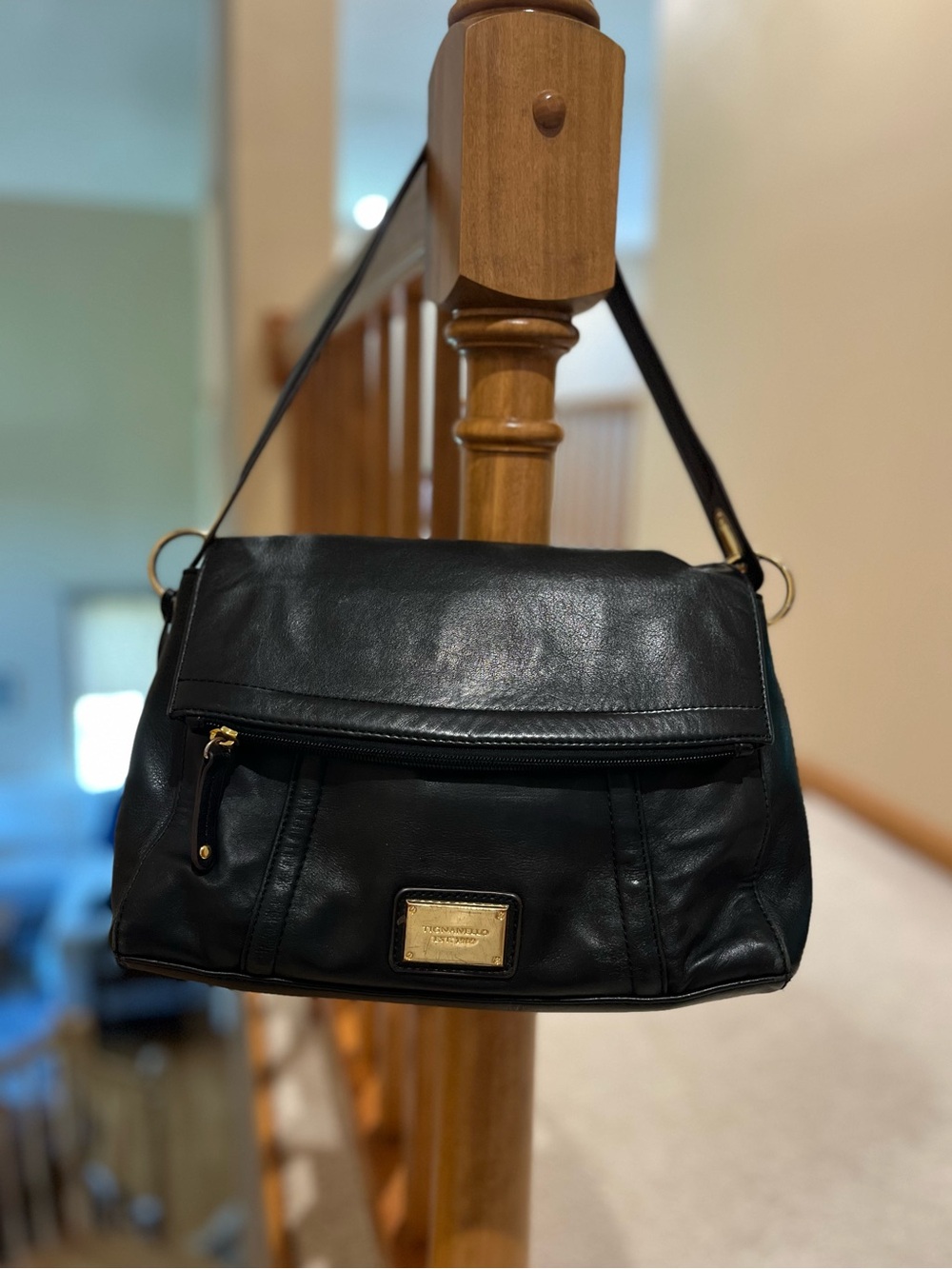 Tignanello Black Leather Fold Over Zipper Flap Hobo Style Shoulder Bag